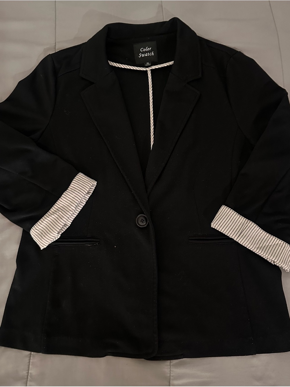 Color Swatch Women’s Black Single-Button Blazer with Striped Cuffs